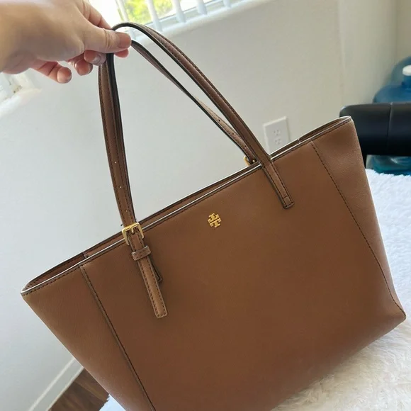 Tory Burch Brown Tote Bag with Metallic Accents Emerson small tote moose